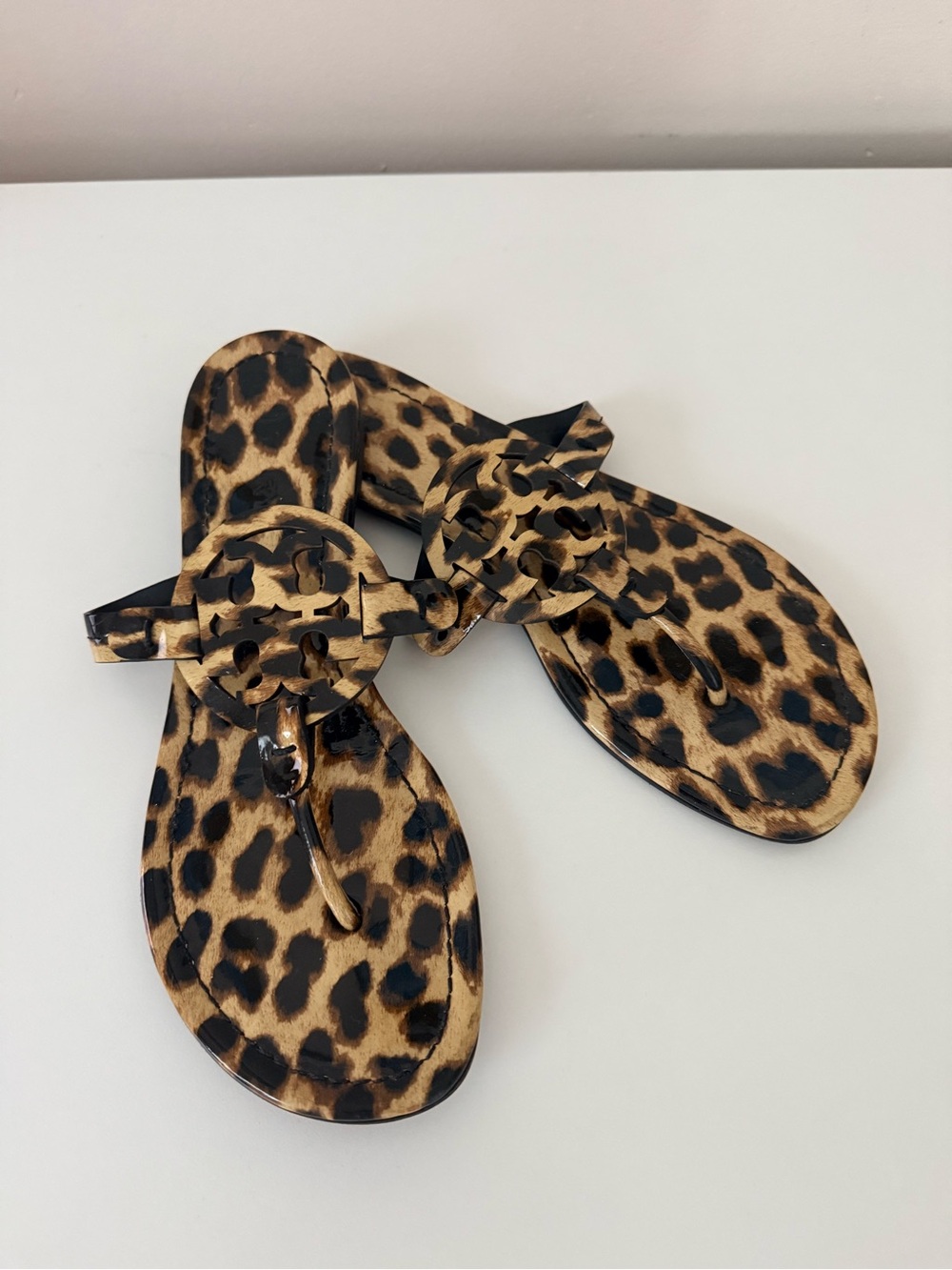 Tory Burch Patent Leather Miller Sandals in Leopard Print - Size 8